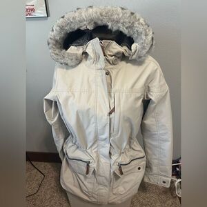 Columbia Interchange Women’s Outer Shell of Beige Parka with Faux Fur Lined Hood